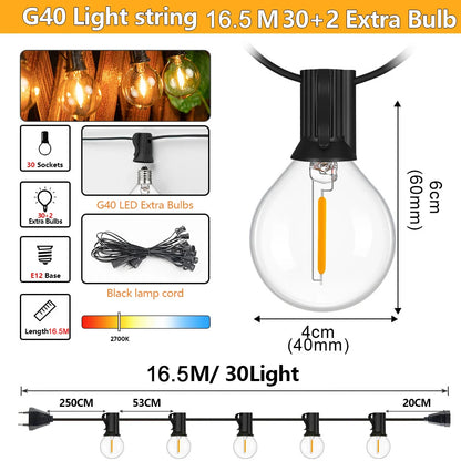 Outdoor LED Waterproof G40 String Light EU Plug Shatterproof Light Bulb Garden Fairy String Lights for Patio Festoon Party Decor